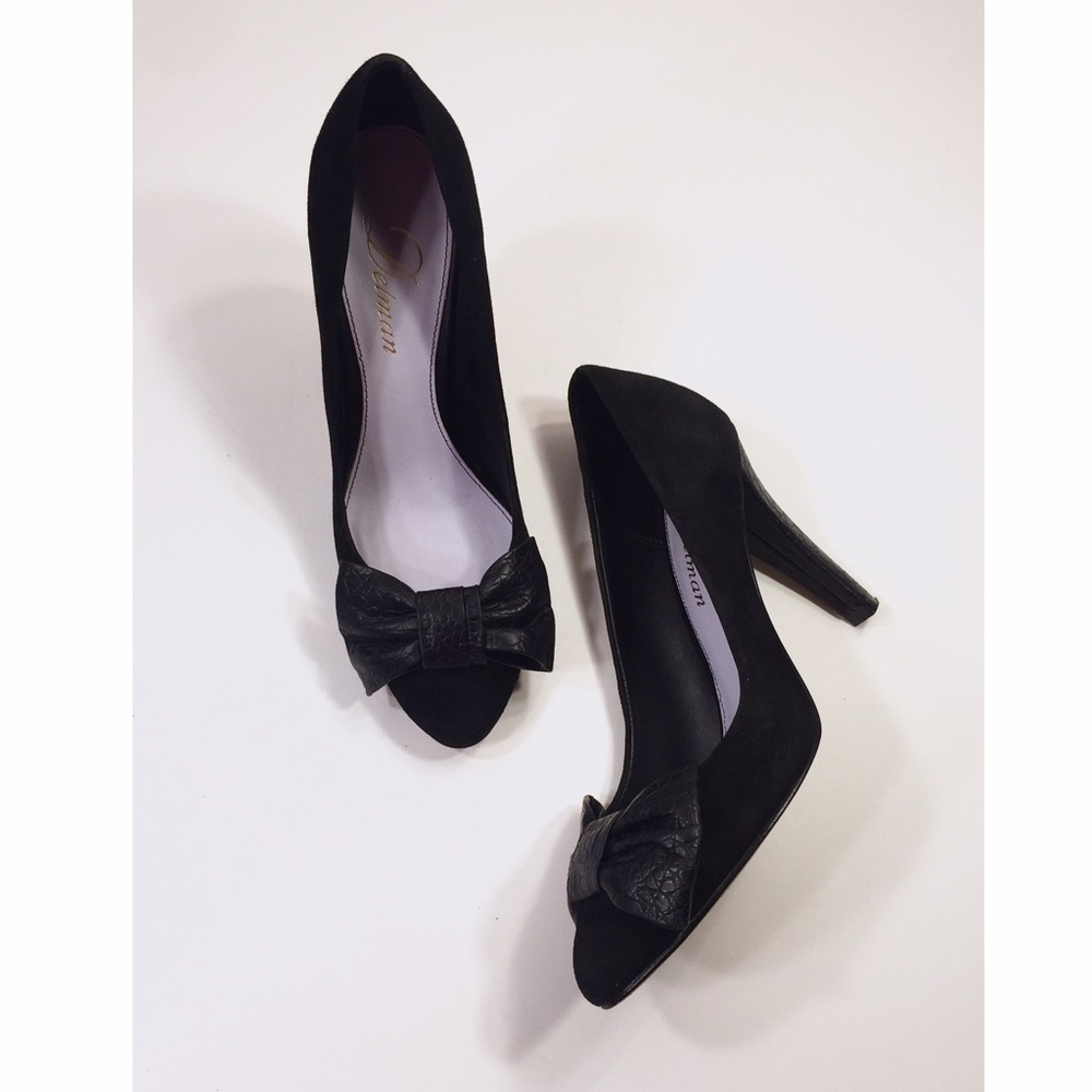 Delman Black Suede and Leather Bow Heels