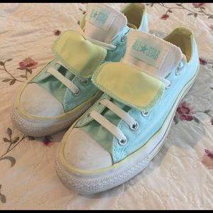 Teal and yellow double tongue converse