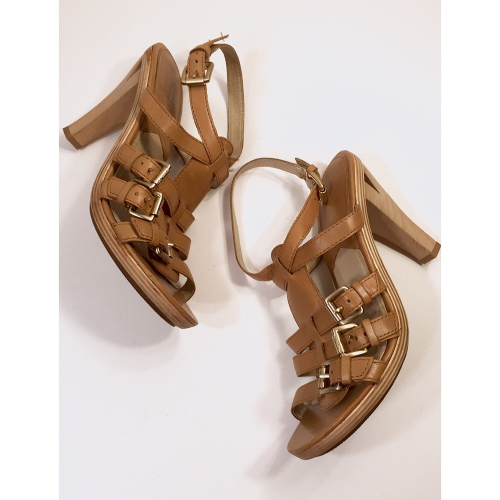 Michael Kors Tan Leather Buckle Wood Heel Sandal