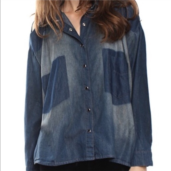 UNIF Shoulder Peek Denim Fade Cutout Shirt - Picture 1 of 6