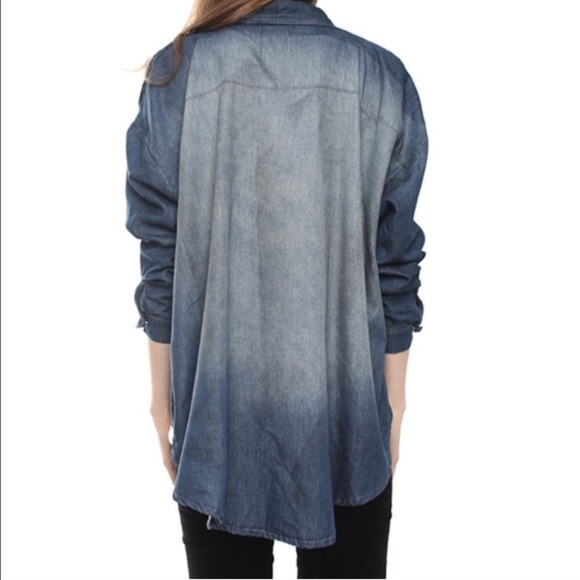 UNIF Shoulder Peek Denim Fade Cutout Shirt - Picture 2 of 6