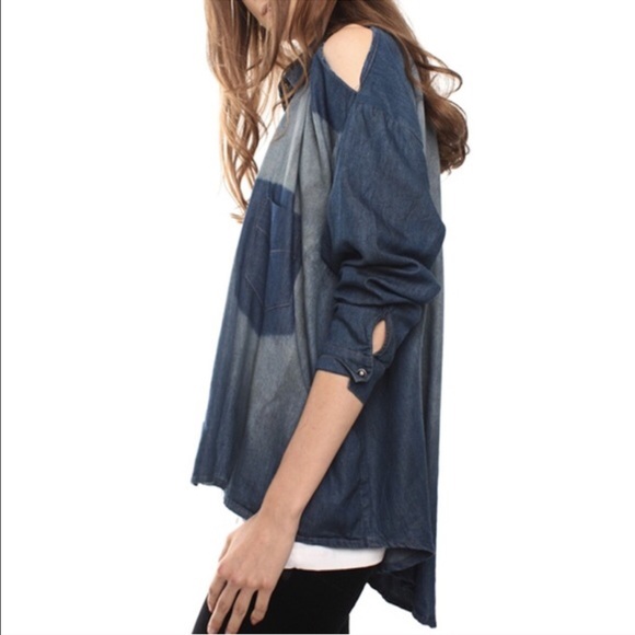 UNIF Shoulder Peek Denim Fade Cutout Shirt - Picture 3 of 6
