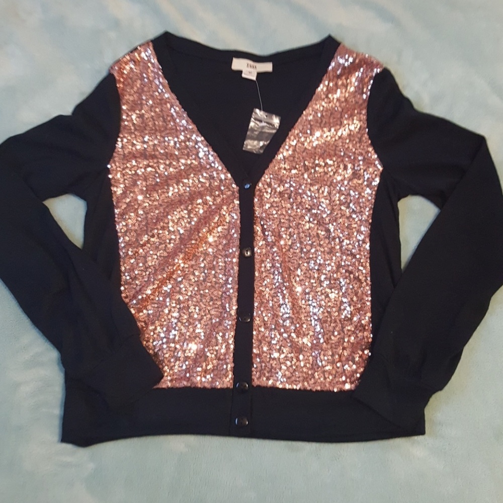 New Black GOLD SEQUIN Holiday Cardigan Sweater - Picture 2 of 4