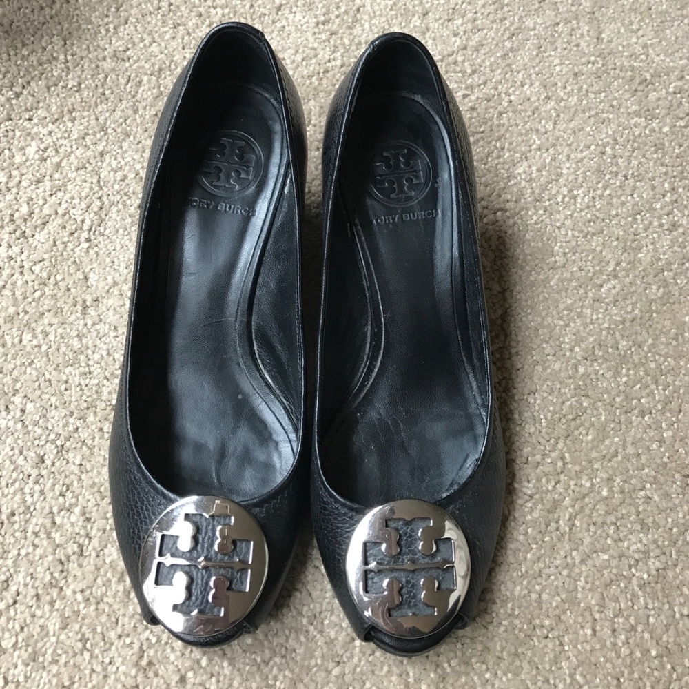 Tory Burch Open Toe Black Wedges