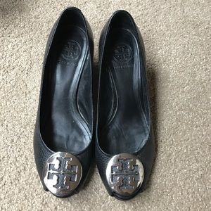 Tory Burch Open Toe Black Wedges