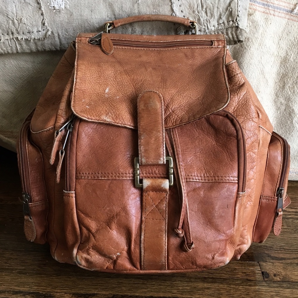 Vintage distressed brown leather large backpack