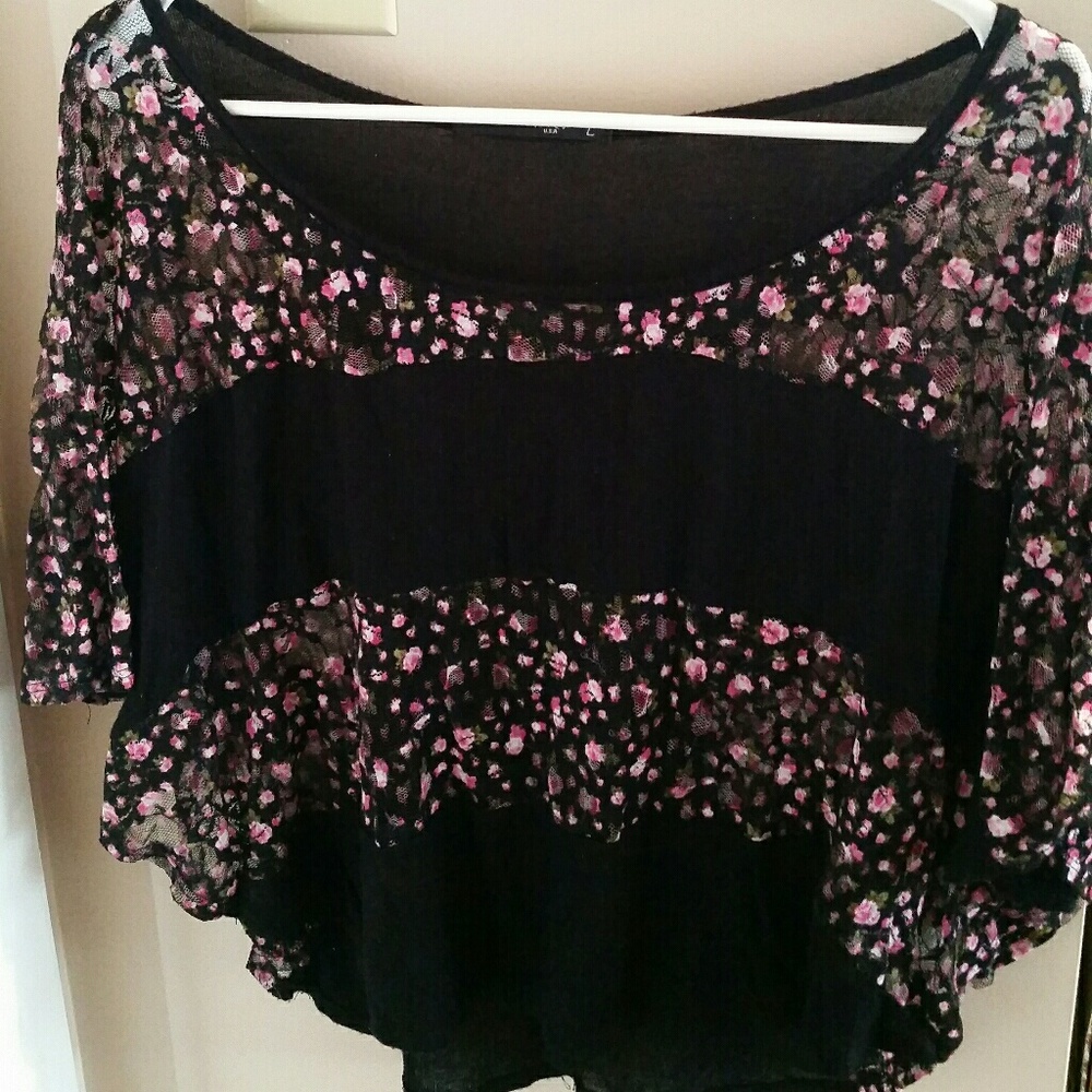 'Love J' Floral Lace & black sheer crop top L
