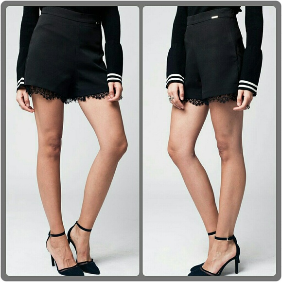 Lace Trim High Waist Satin Shorts - Picture 1 of 4