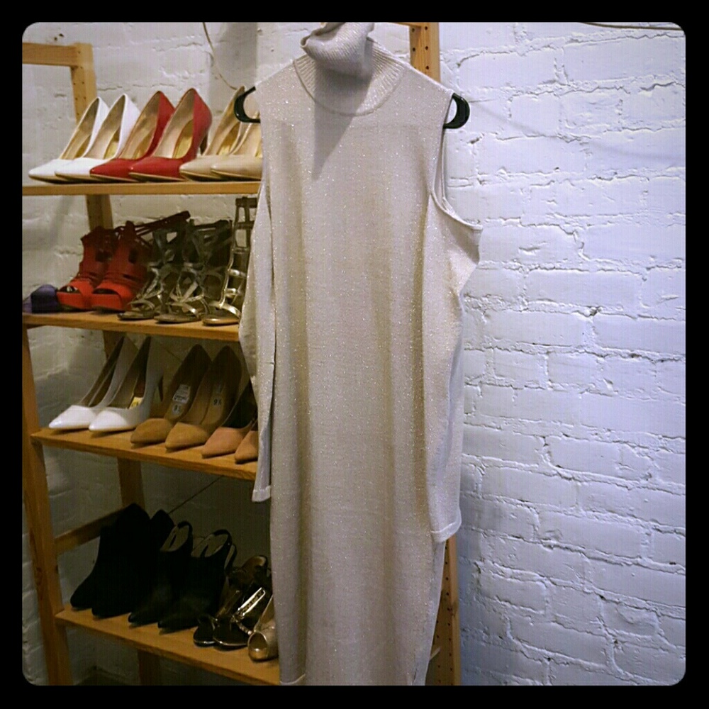 Stunning Open Shoulder Cream Gold Shimmer Dress