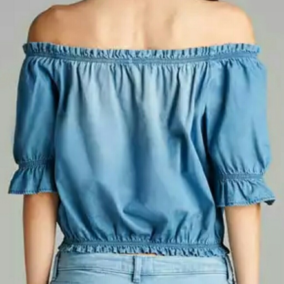 Chambray Off Shoulder Crop Top - Picture 4 of 8