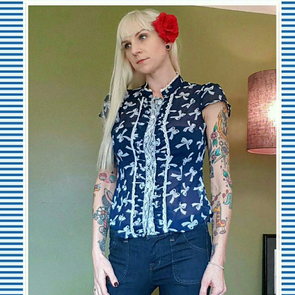 Bettie Page Button Down Blouse Bow Pinup Retro PUG