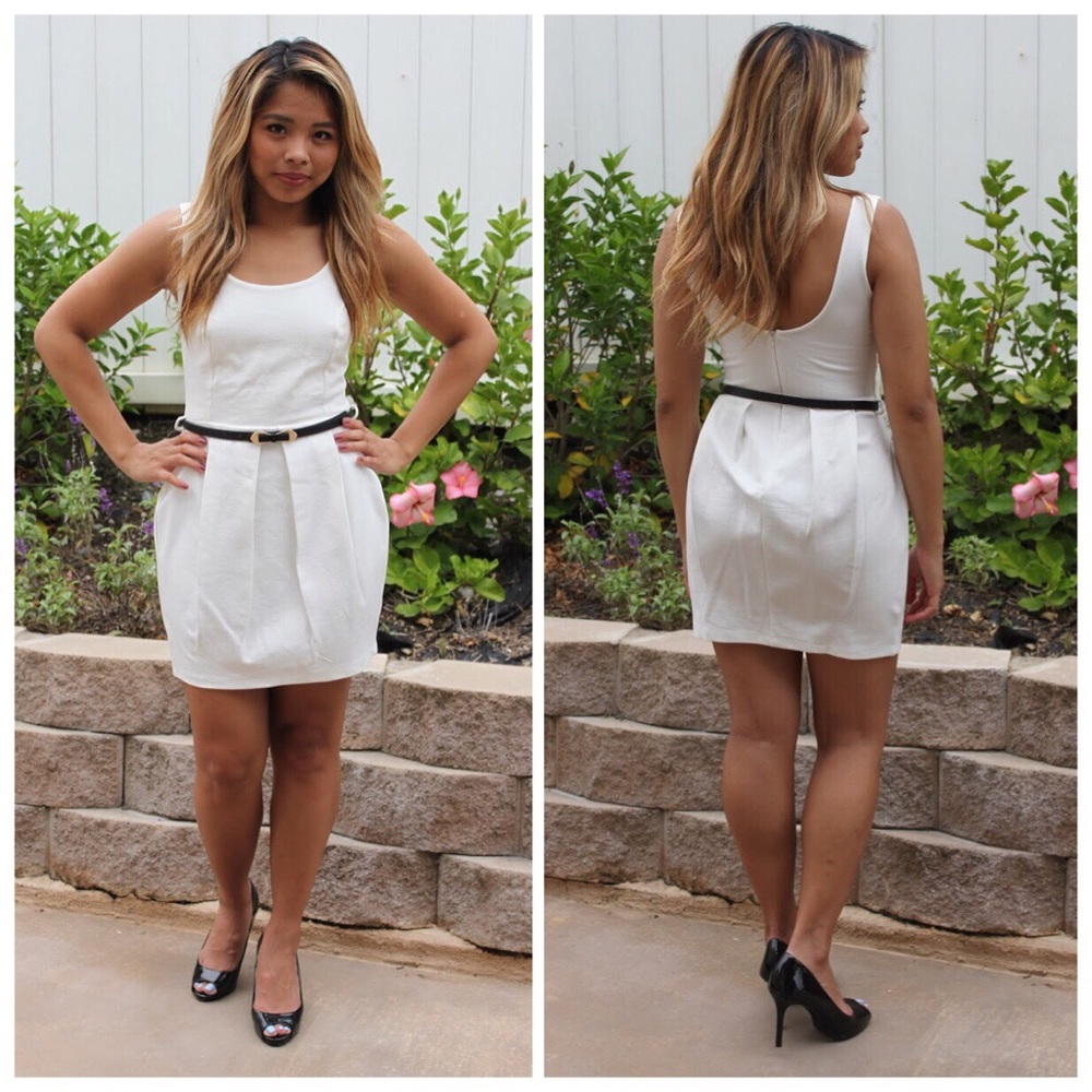 White mini dress with skinny black belt