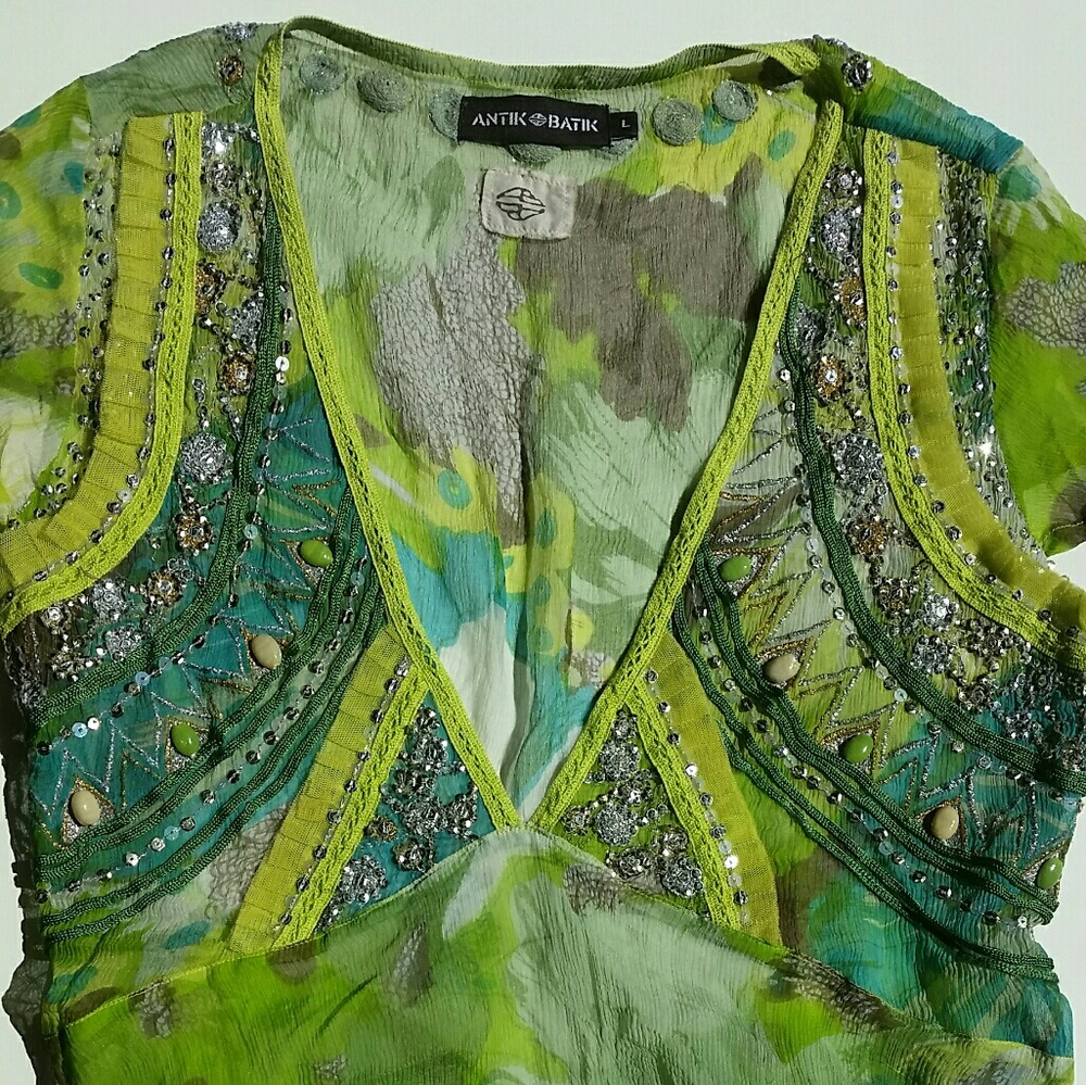 Embellished Green Floral & Sequin Boho Silk Top