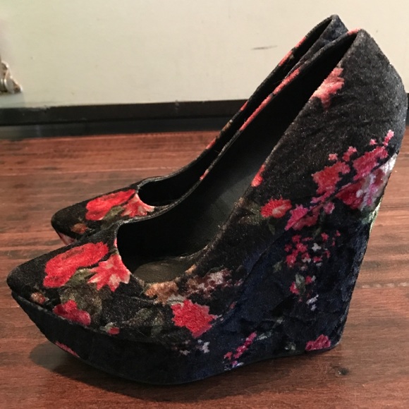 Velvet Floral Wedges - Picture 1 of 4