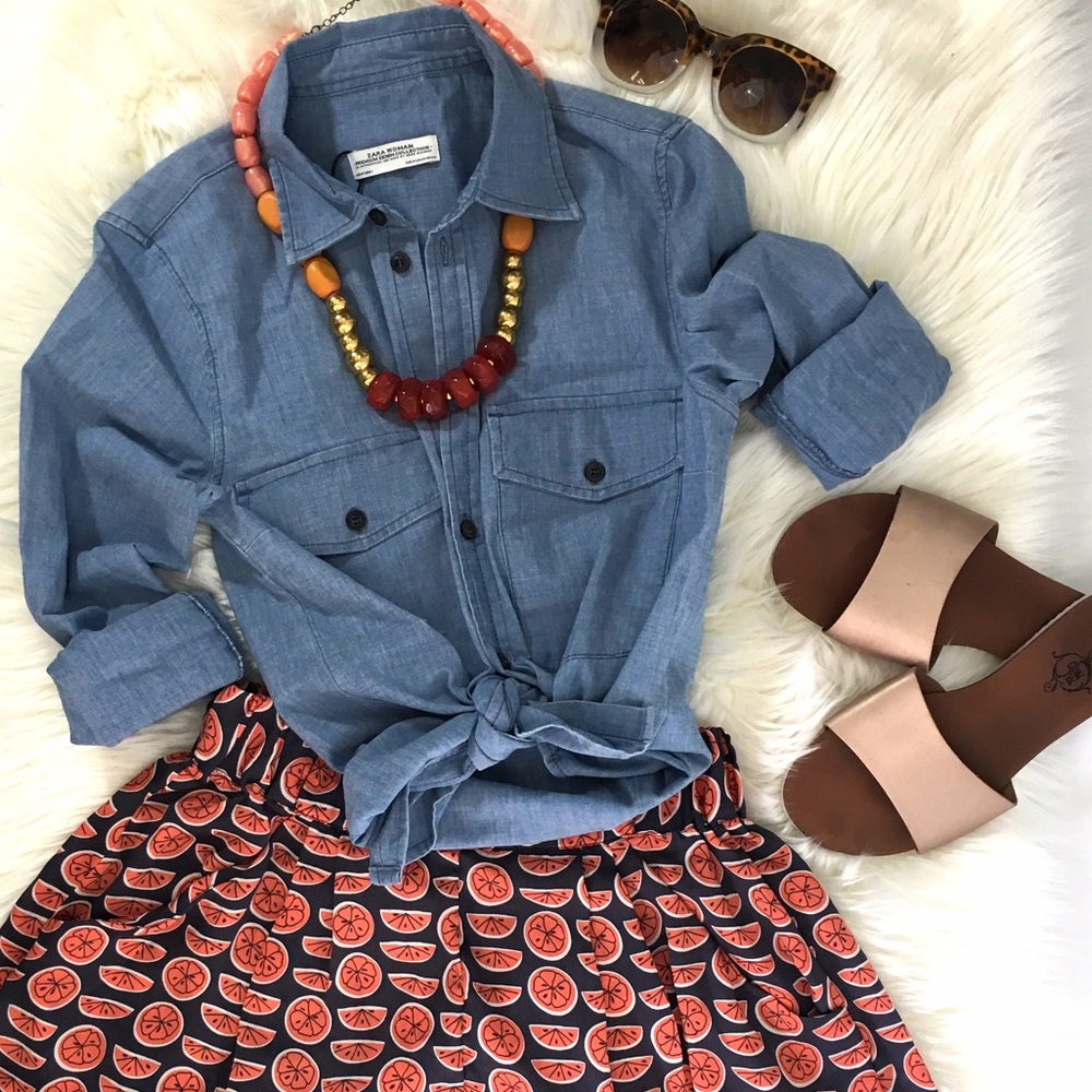 NEW Zara Chambray Denim Button Down