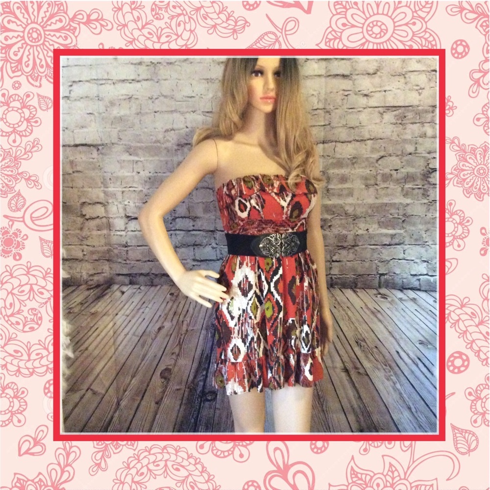 🌸TRIBAL ORANGE MINI RUFFLE DRESS RETRO GYPSY BOHO