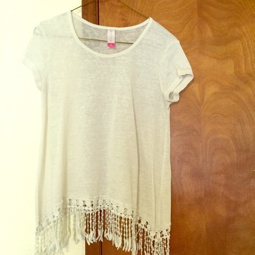 •• Sheer Cream Top with Crochet Fringe ••