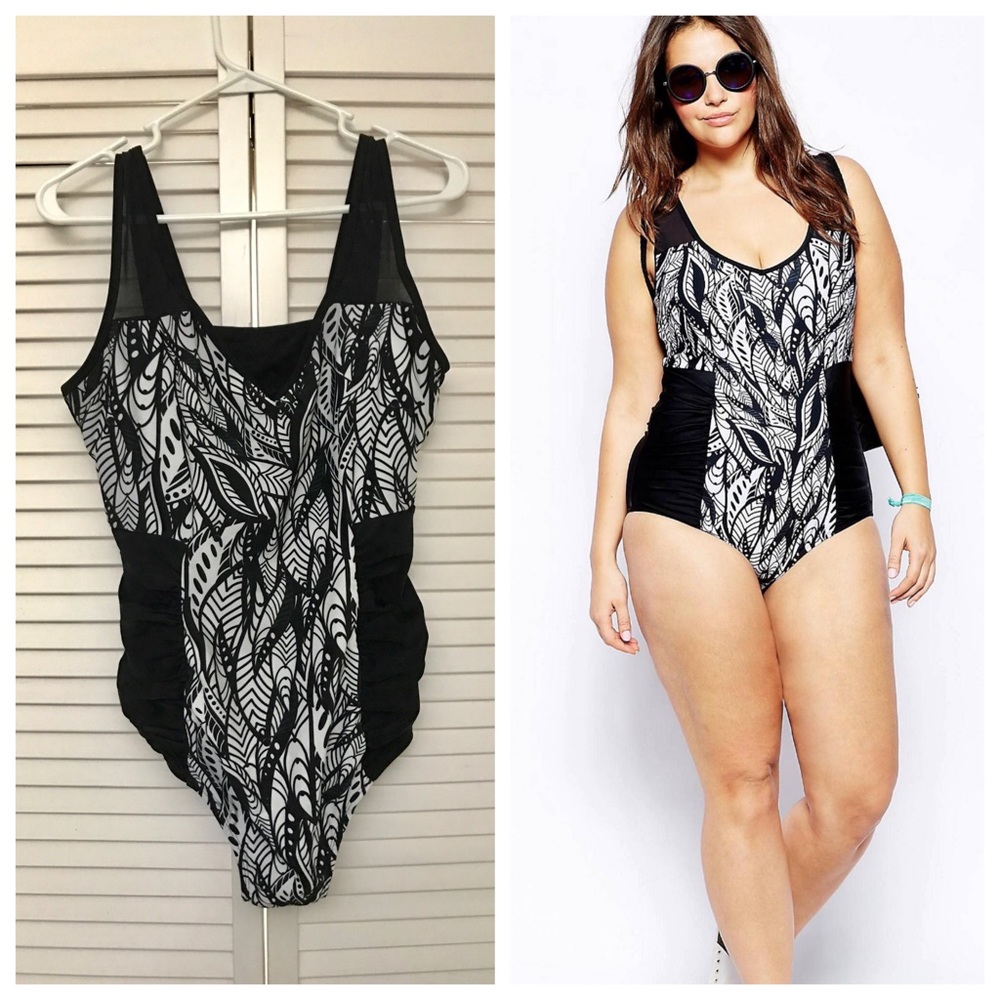 ASOS Curve Swimsuit in Monochrome Feather Print