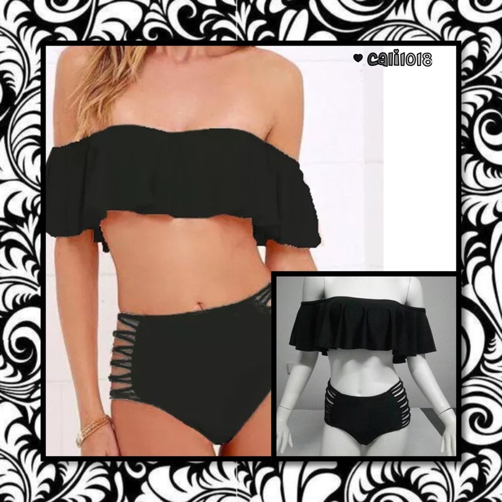 LAST 1 🆕 Black Off Shoulder 2pc Retro Bikini - Picture 2 of 6