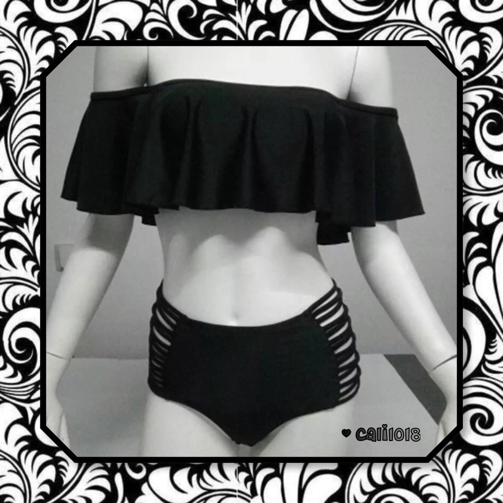 LAST 1 🆕 Black Off Shoulder 2pc Retro Bikini - Picture 3 of 6