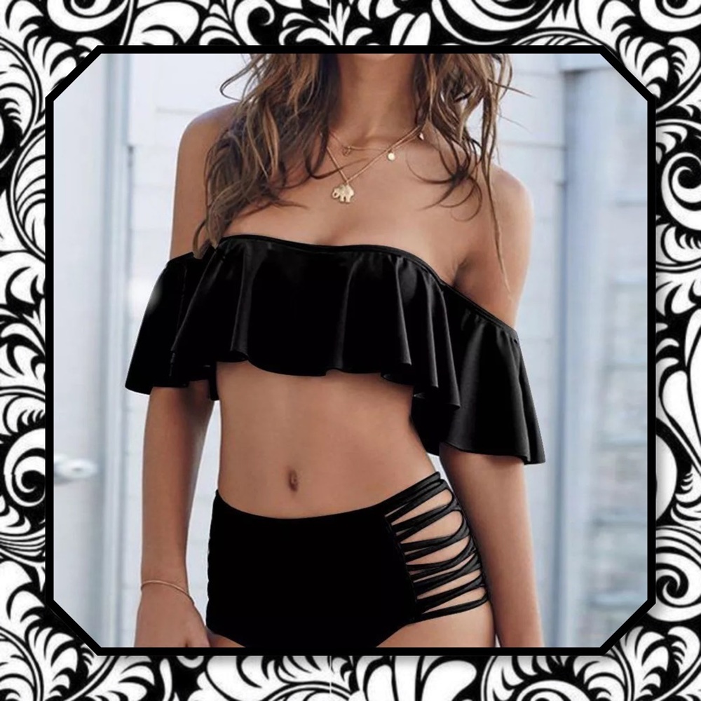 LAST 1 🆕 Black Off Shoulder 2pc Retro Bikini - Picture 1 of 6