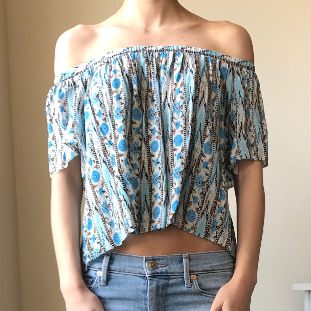 Off the Shoulder Blue Printed Blouse