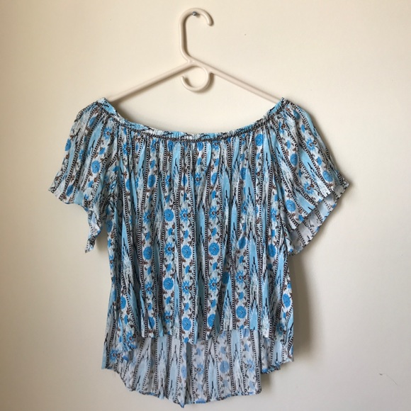 Off the Shoulder Blue Printed Blouse - Picture 3 of 4
