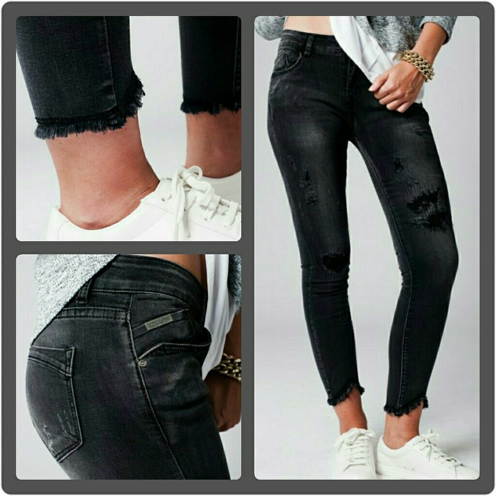 High Waist Mullet Hem Deconstructed Denim