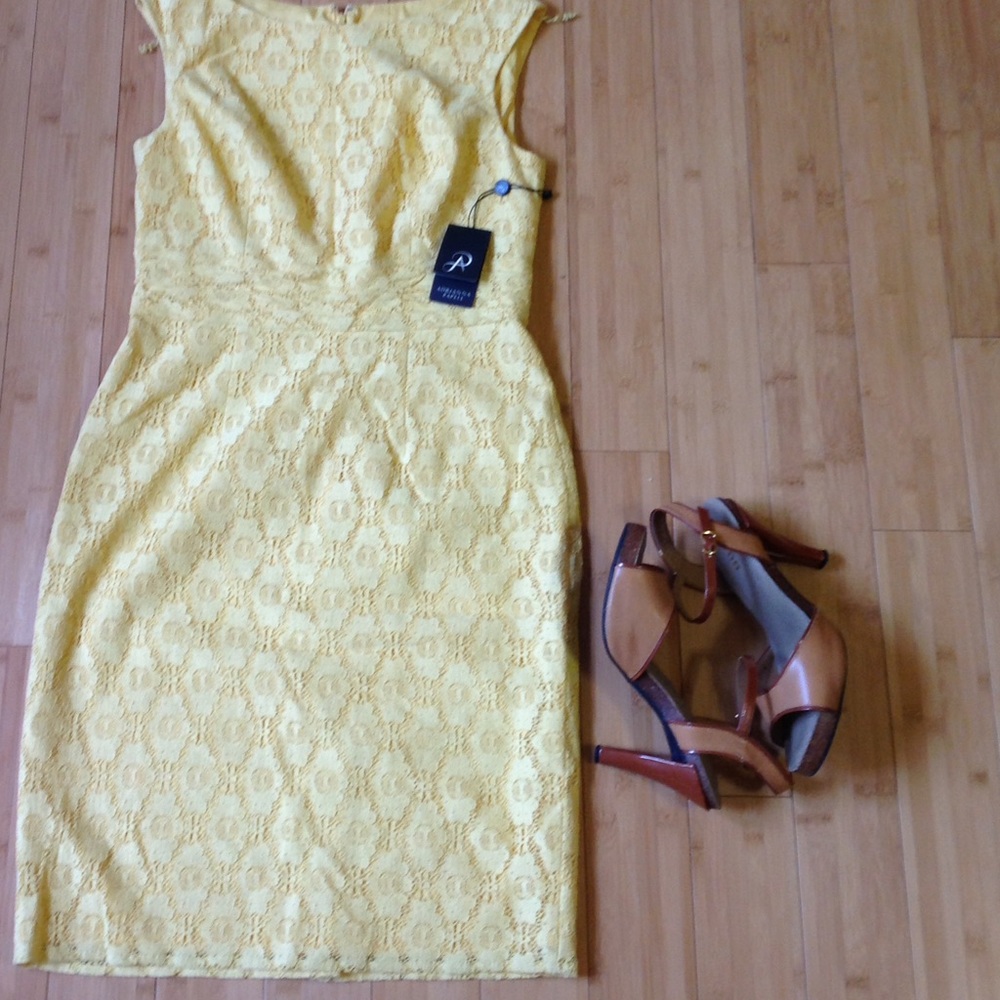 Adrianna Papell yellow lace dress.