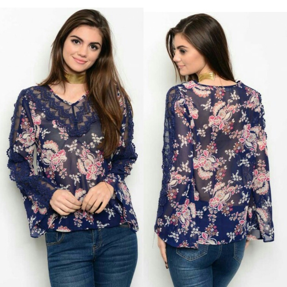 Boho floral & lace sheer top S-XL - Picture 4 of 7