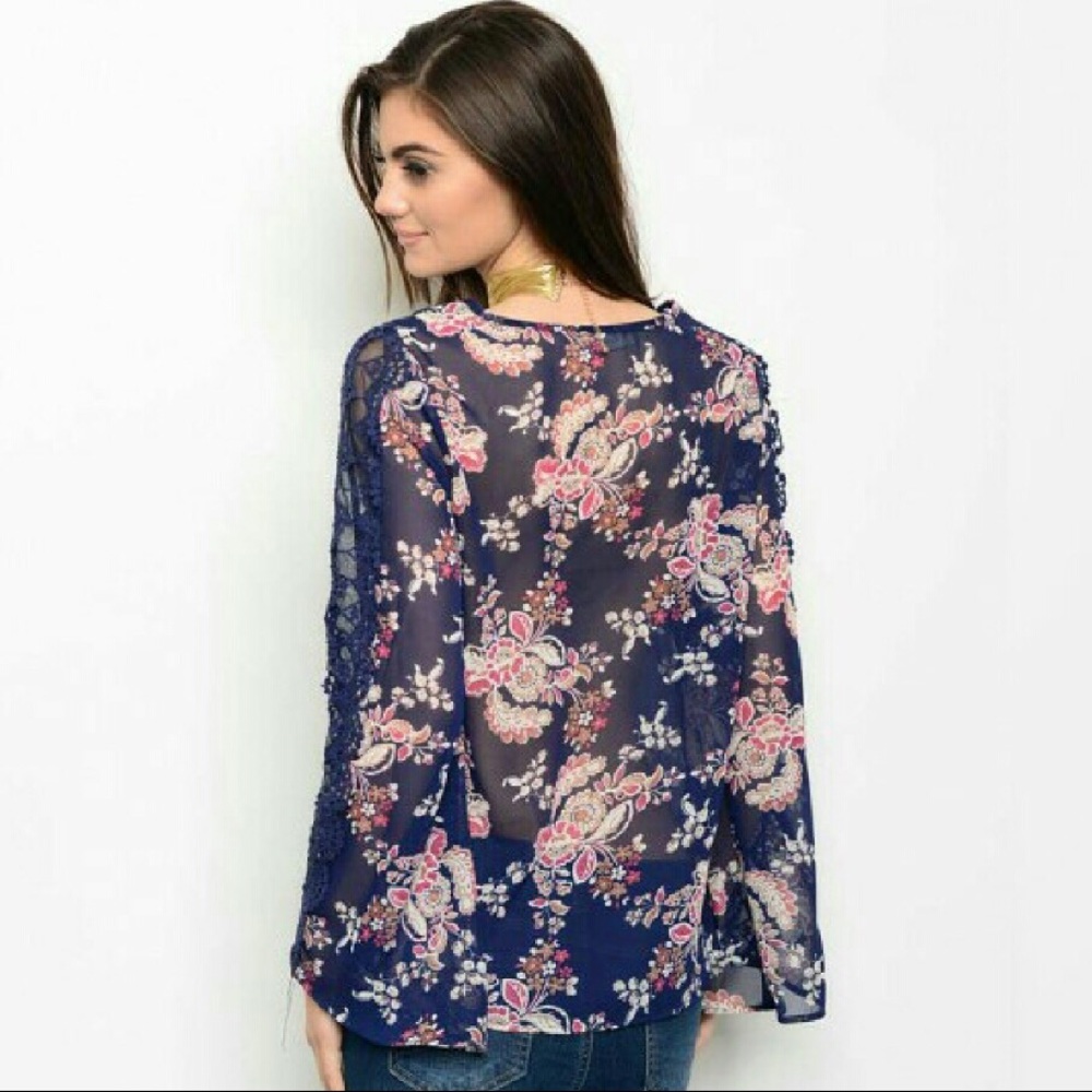 Boho floral & lace sheer top S-XL - Picture 6 of 7