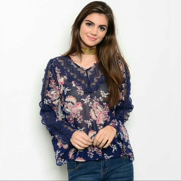 Boho floral & lace sheer top S-XL - Picture 5 of 7