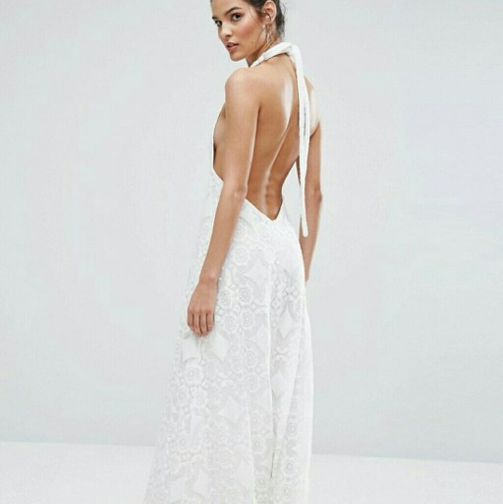 Deep V, Plunge Halter, White Lace Maxi Dress