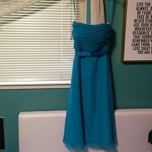 Blue strapless with shear wrap