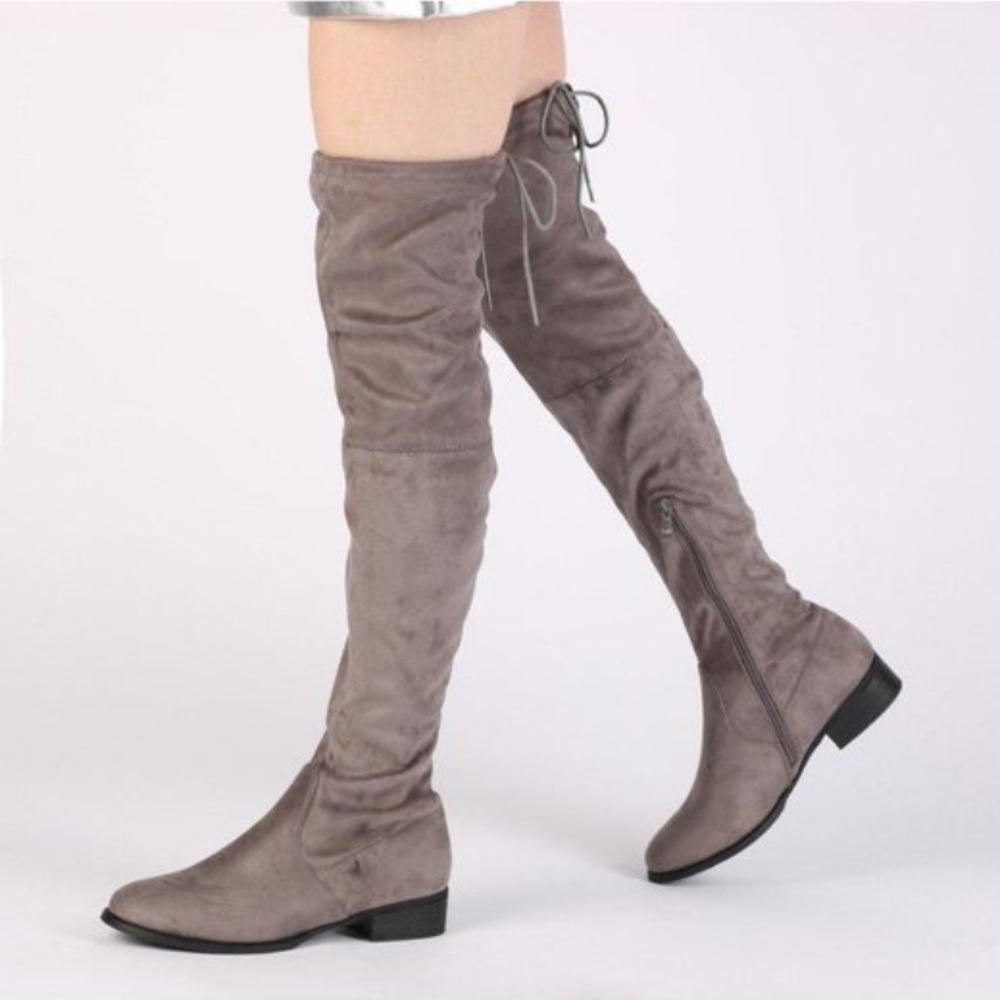 Public Desire Grey Suede Over-The-Knee Boots