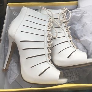 White Faux Leather Lace Up Booties Heels