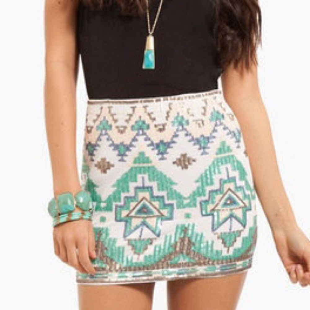 Tobi Sequin Tribal Print Skirt - white/teal