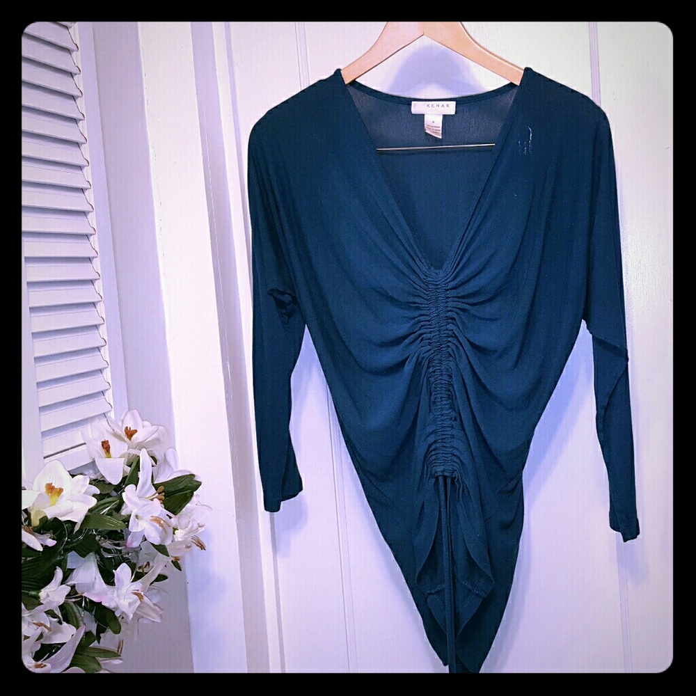 Kenar teal draped drawstring 3/4 sleeve tunic top