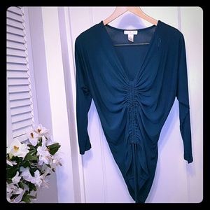 Kenar teal draped drawstring 3/4 sleeve tunic top