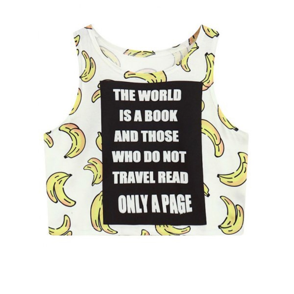 Bananas travel graphic crop top black white yellow
