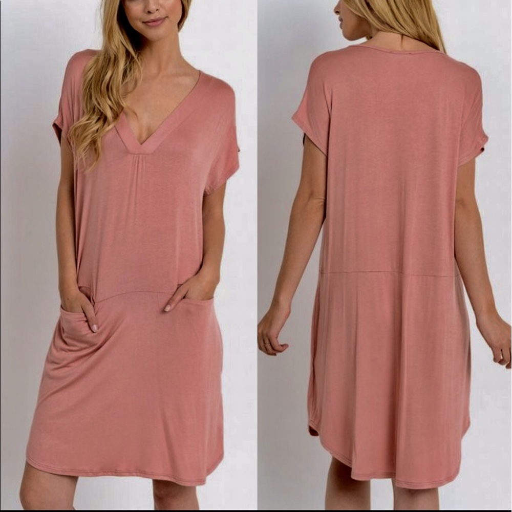 ARANA solid v-neck dress w/ pockets -PEACH - Picture 2 of 4