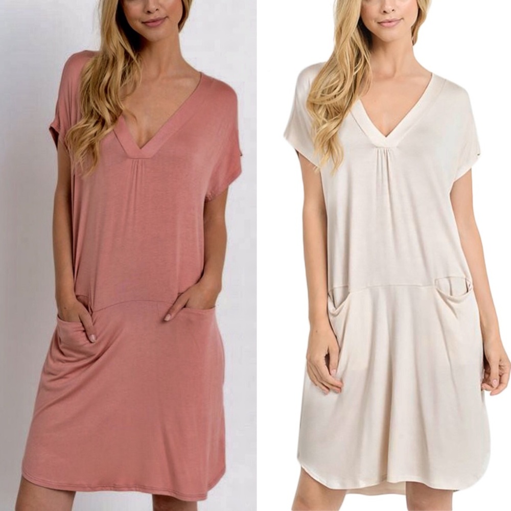 ARANA solid v-neck dress w/ pockets -PEACH - Picture 4 of 4