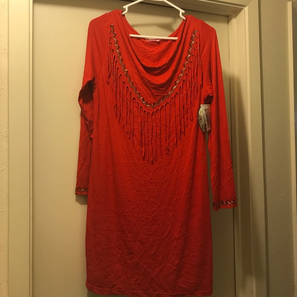RED TUNIC DRESS W/COWL NECK, BEADS & FRINGE SIZE S
