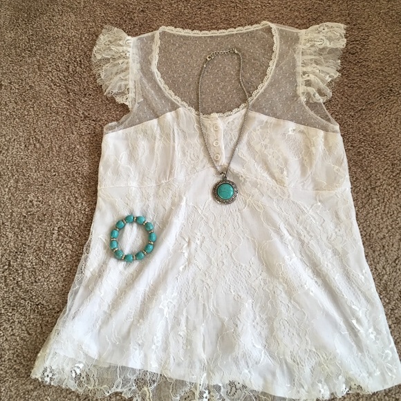 White Embroidered Dotted Mesh Top - Picture 2 of 2