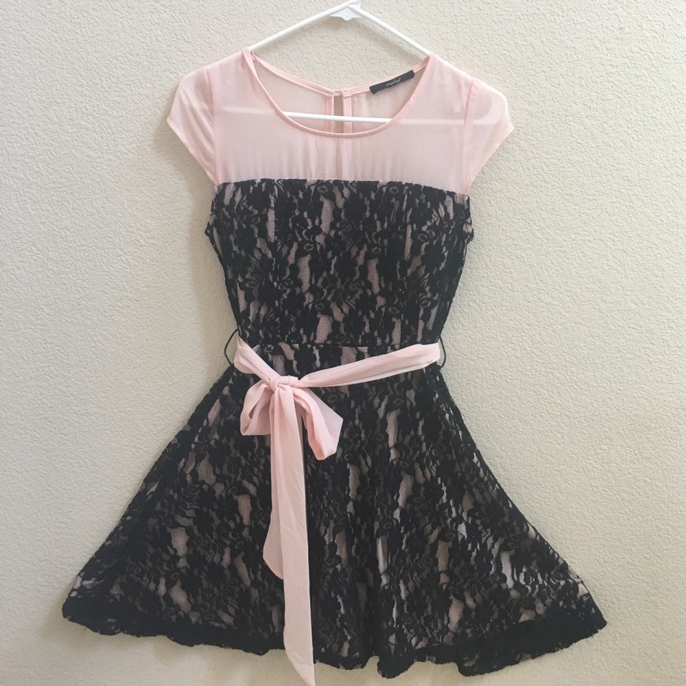Beautiful peach and black lace prom dress