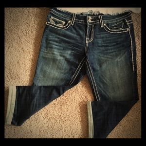 Blue Bleached Embroidered Ankle Jeans