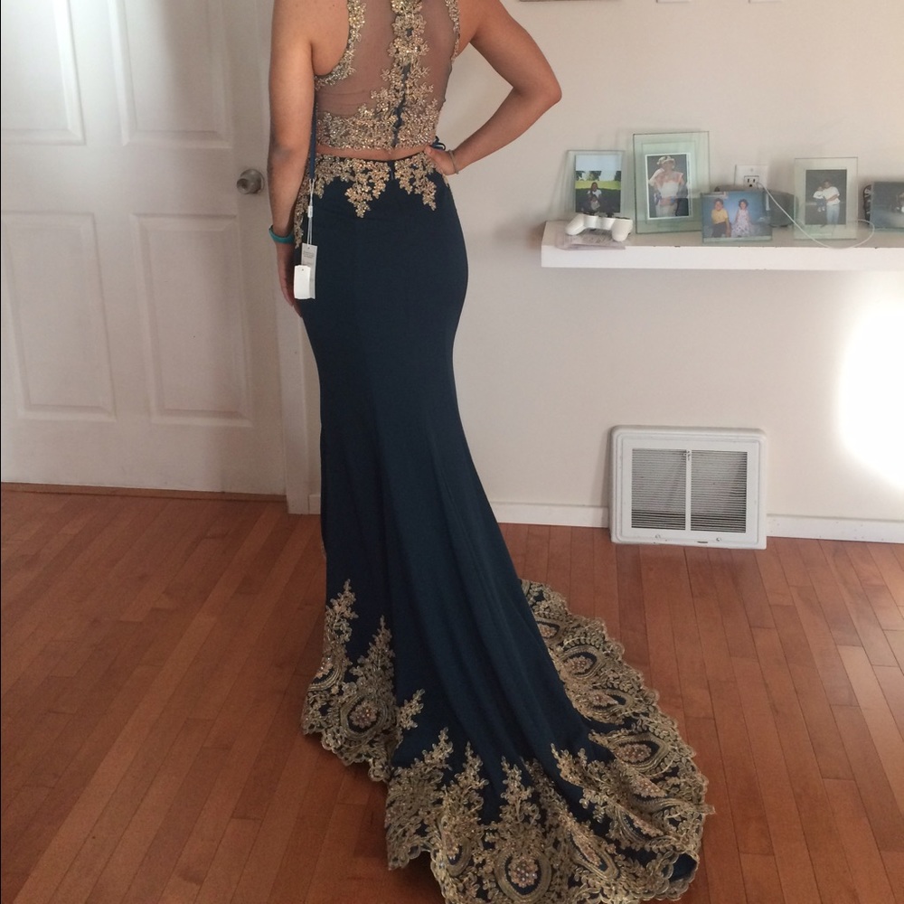 Emerald Green and Gold Prom Dress