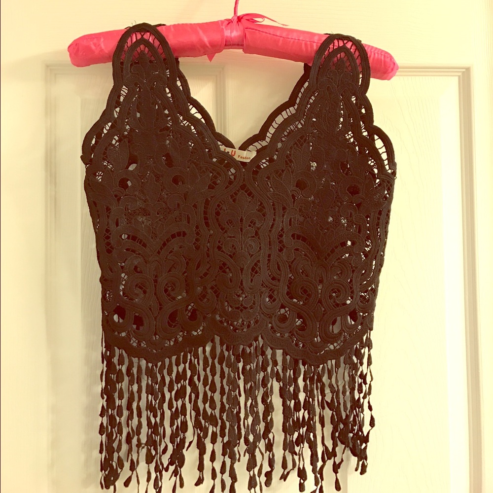 Black Mesh Tank With Fringe