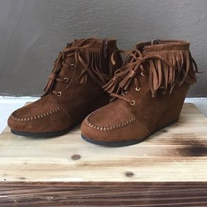 Tan Wedge Fringe Bootie