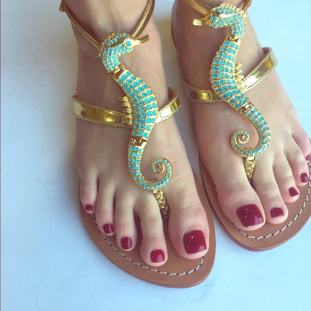 Gold and light blue seahorse sandals